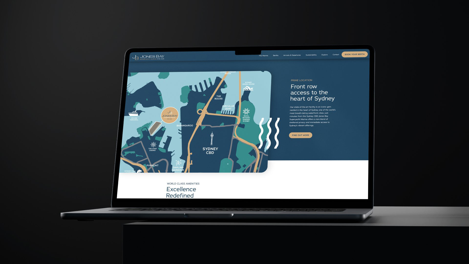Jones Bay Superyacht Marina website homepage mock up on macbook 3