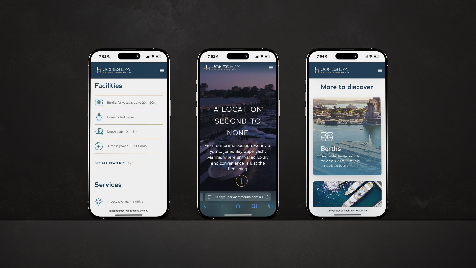 Jones Bay Superyacht Marina website mobile mock ups.