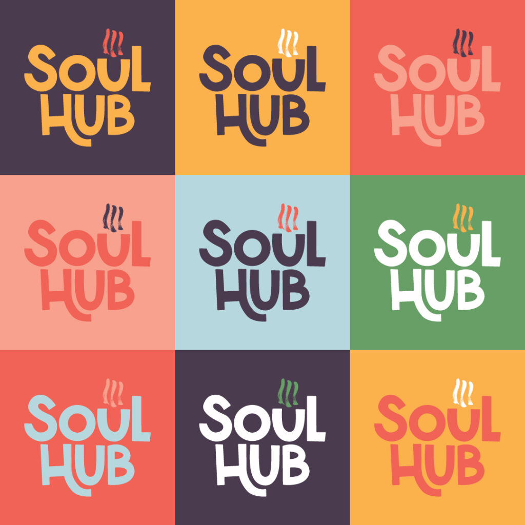 Soul hub logo on different coloured backgrounds